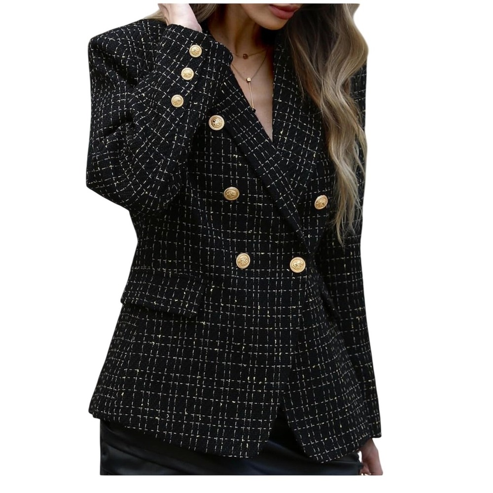 Elleven NWT SZ LGE Black Gold Plaid Double Breasted Blazer Jacket - Picture 3 of 16